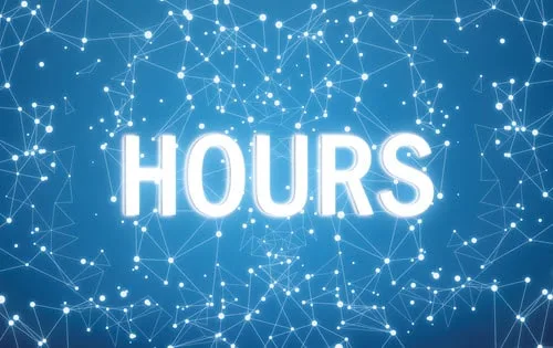 Glowing word 'HOURS' on a blue abstract network background, symbolizing operating hours.